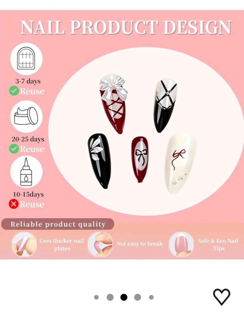 30pcs Y2k Bow Handmade Black Red Press on Nails Medium Almond